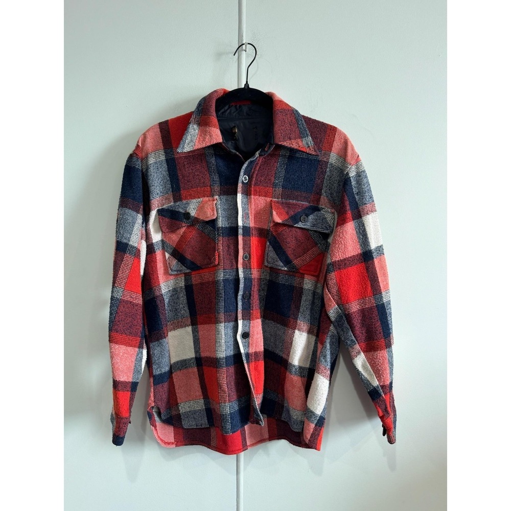 VTG Envoy Jacket Mens Large Red Wool Plaid Flannel Lined Button Pockets Outdoor